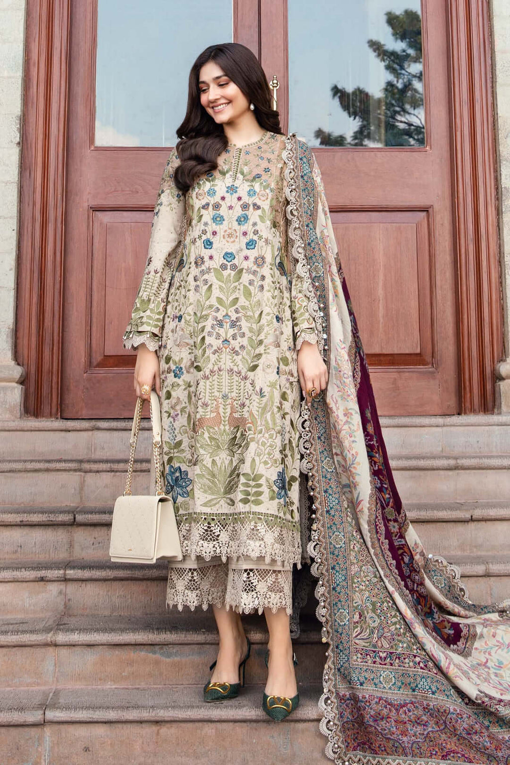 MB 555 - 3 Pcs Unstitched Heavy Embroidered Dhanak Suit with Premium Quality Wool Shawl