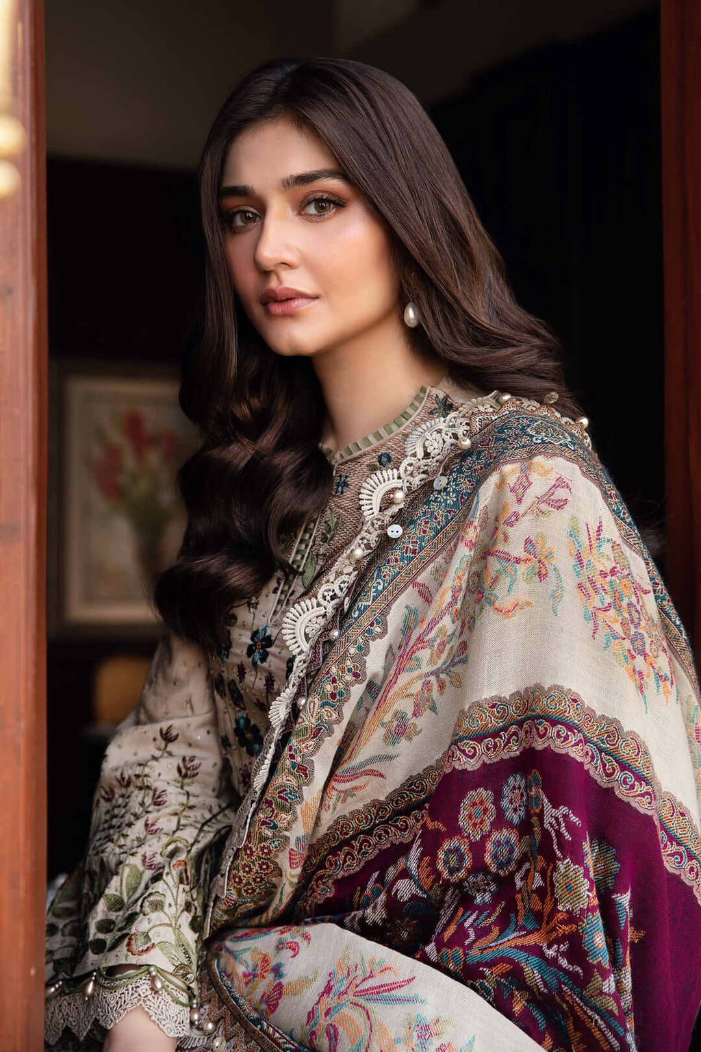 MB 555 - 3 Pcs Unstitched Heavy Embroidered Dhanak Suit with Premium Quality Wool Shawl