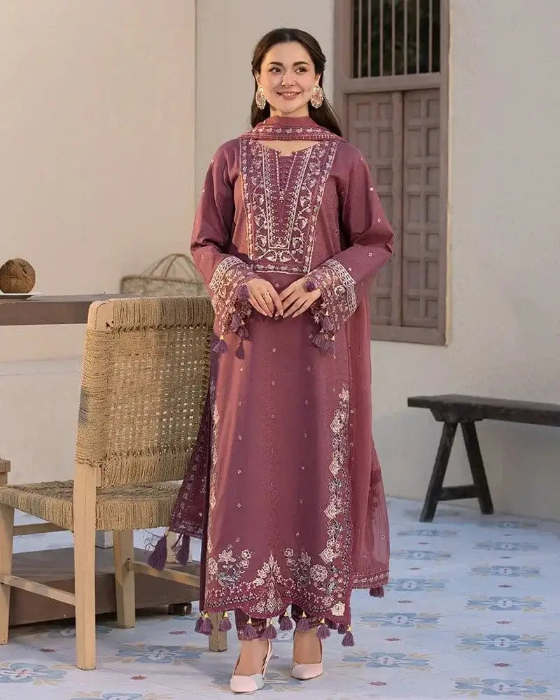 QL 2850 3Pc-Unstitched Fully Embroidered Lawn Fabric With With bamber Chifoon Dupatta with patches