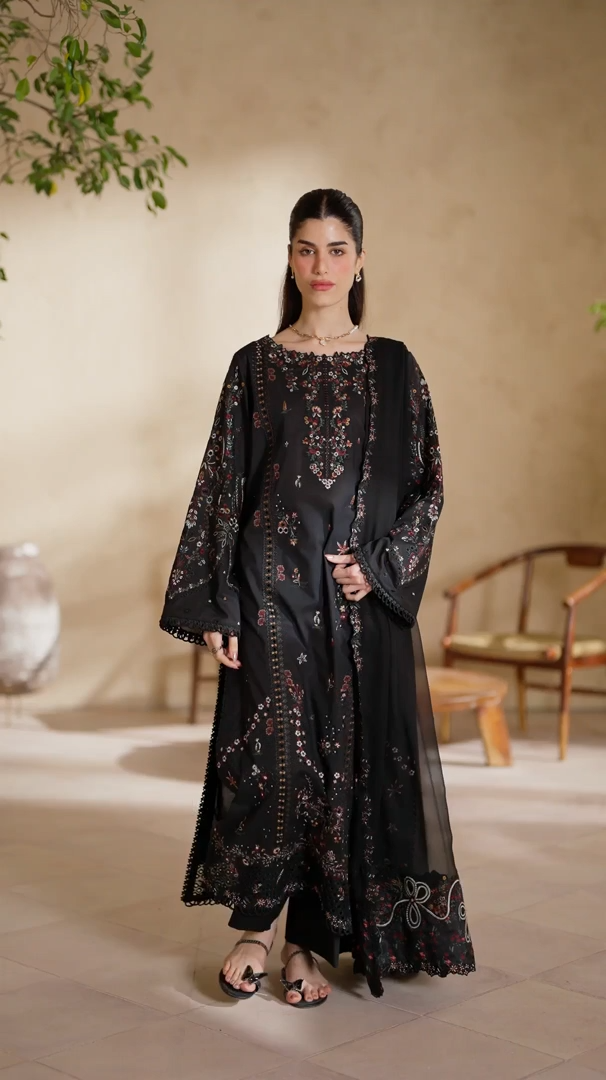 IZ-2870 3Pc-Unstitched Fully Embroidered Lawn Fabric With Bamber Chifoon Dupatta With Embroidery Patch
