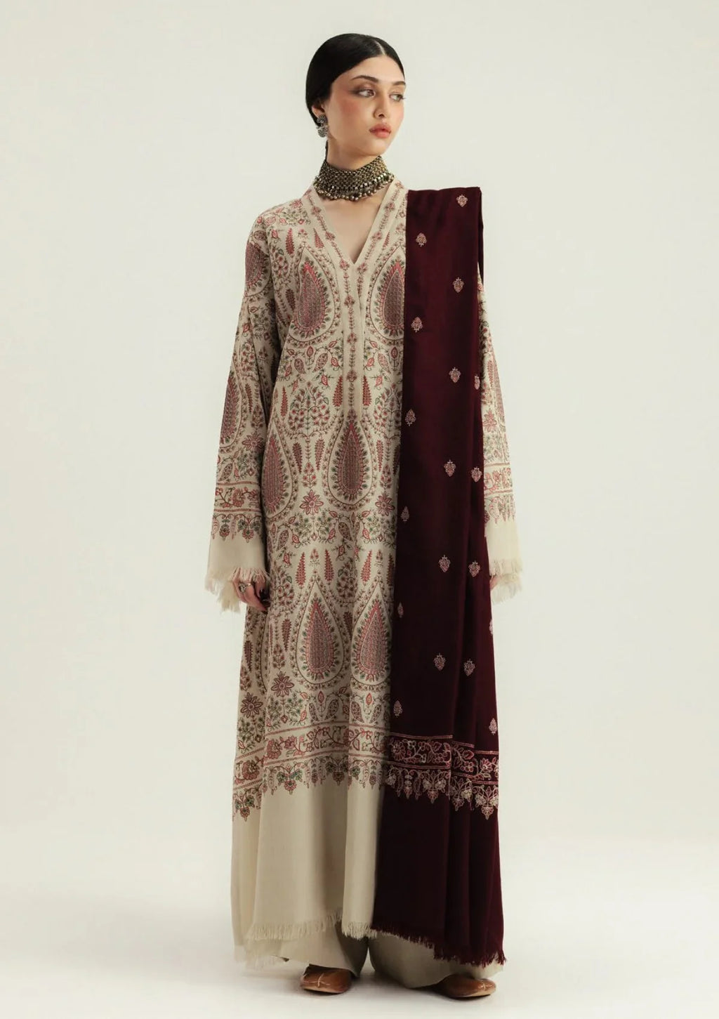 Dhanak Fabric - 3 Piece Unstitched Embroidered Dress With Embroidered Shawl