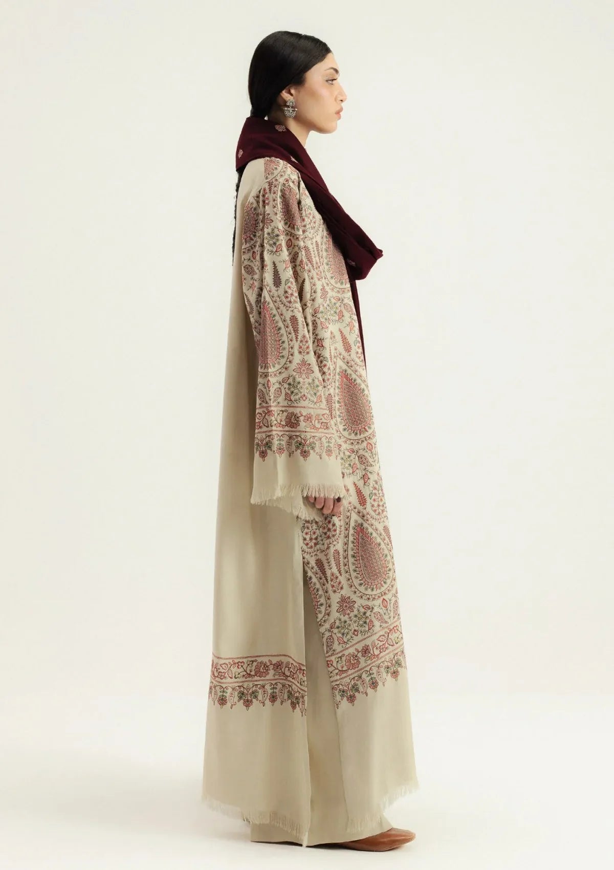 Dhanak Fabric - 3 Piece Unstitched Embroidered Dress With Embroidered Shawl