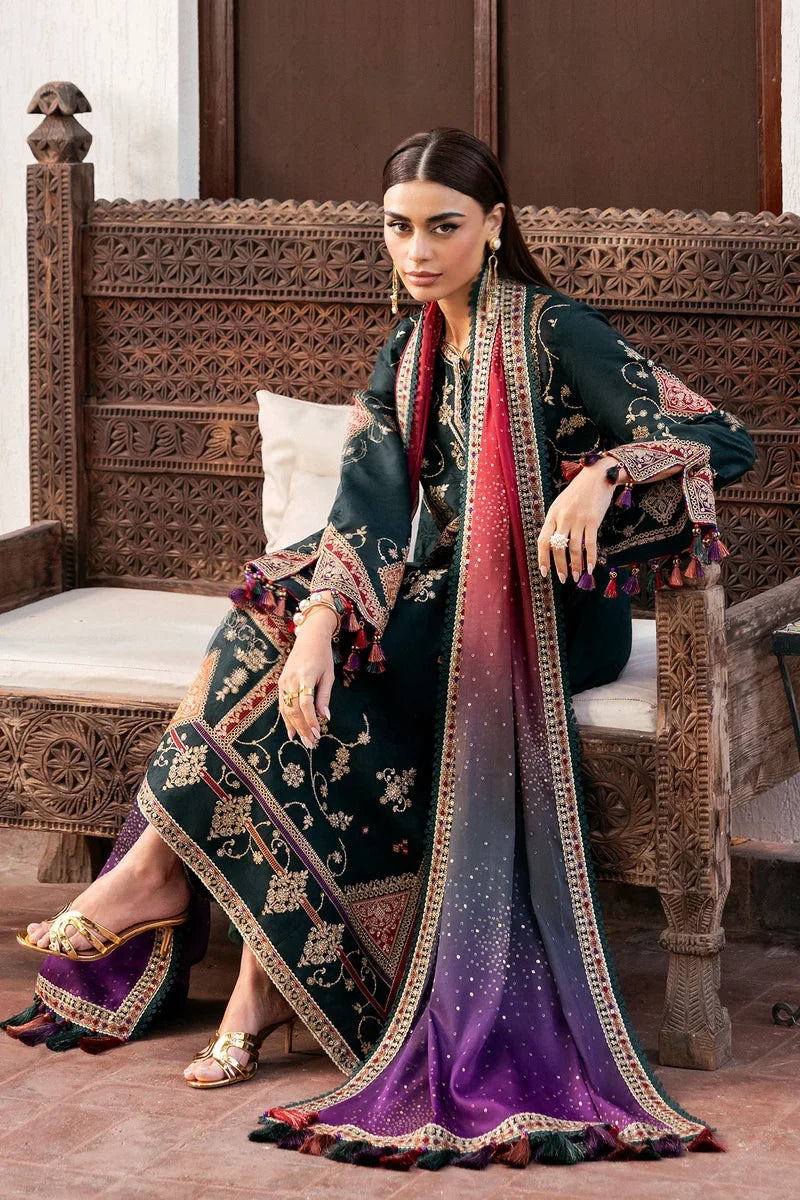 Dhanak Fabric - 3 Piece Unstitched Embroidered Dress With Printed Shawl JZ-3050