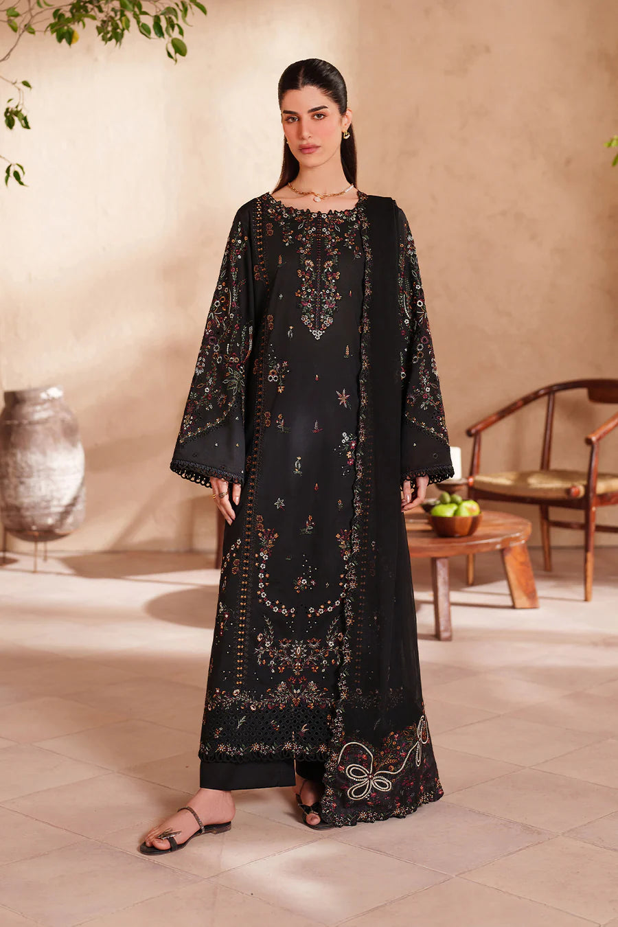 IZ-2870 3Pc-Unstitched Fully Embroidered Lawn Fabric With Bamber Chifoon Dupatta With Embroidery Patch