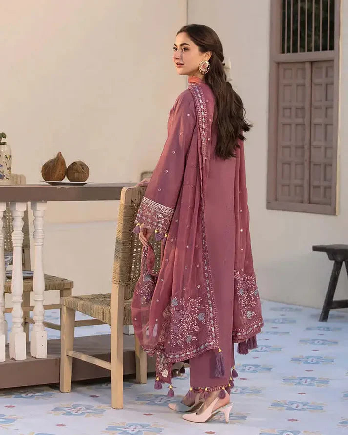 QL 2850 3Pc-Unstitched Fully Embroidered Lawn Fabric With With bamber Chifoon Dupatta with patches