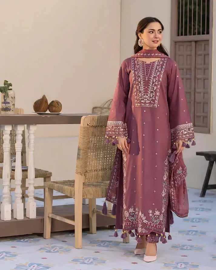 QL 2850 3Pc-Unstitched Fully Embroidered Lawn Fabric With With bamber Chifoon Dupatta with patches