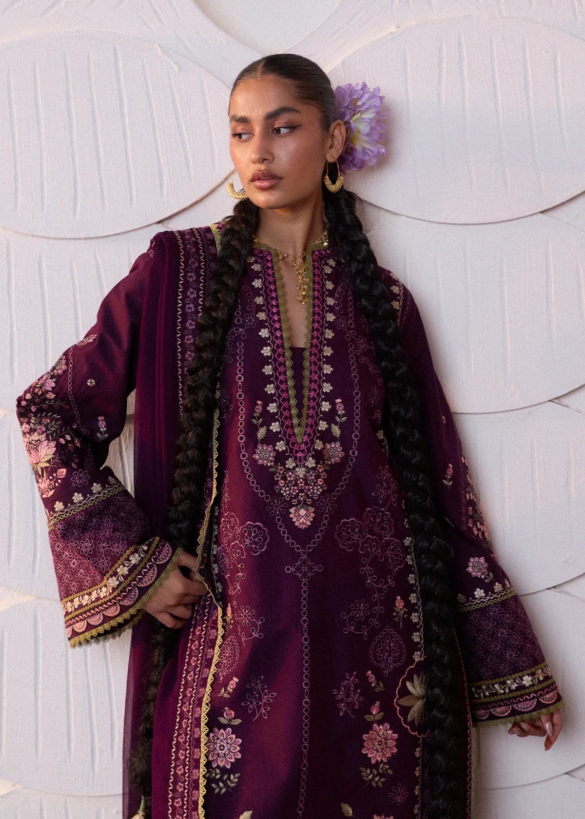 Dhanak Fabric - 3 Piece Unstitched Embroidered Dress With Embroidered Shawl HR 3080