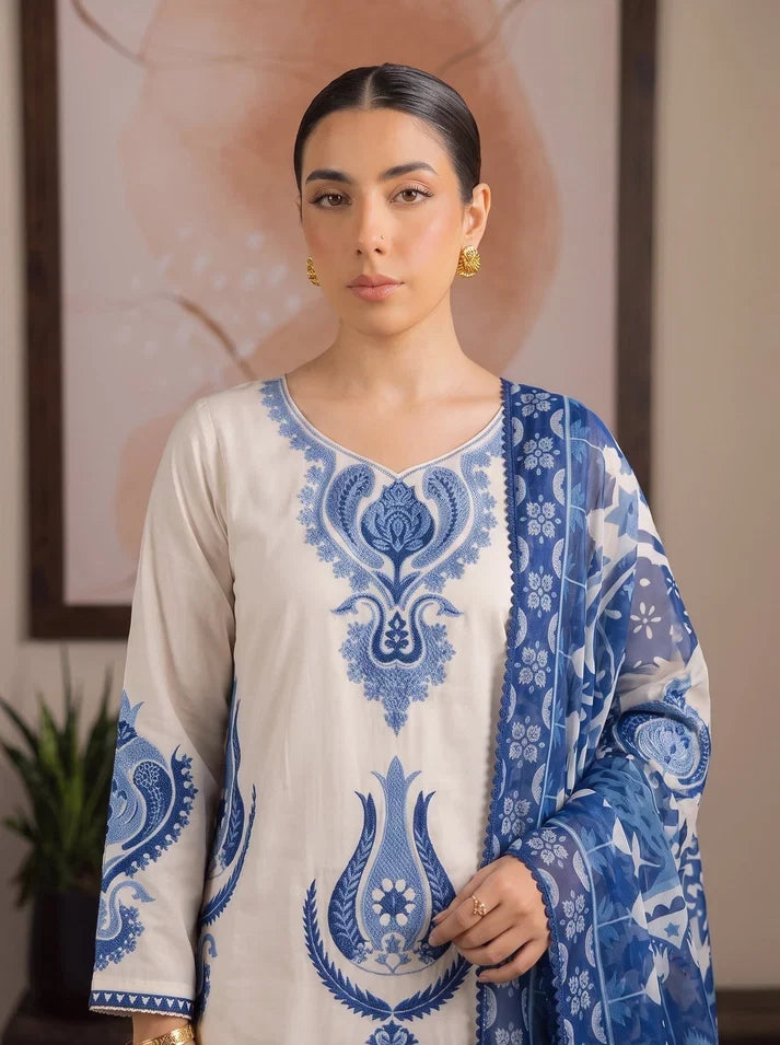 Dhanak Fabric - 3 Piece Unstitched Embroidered Dress With Embroidered Shawl