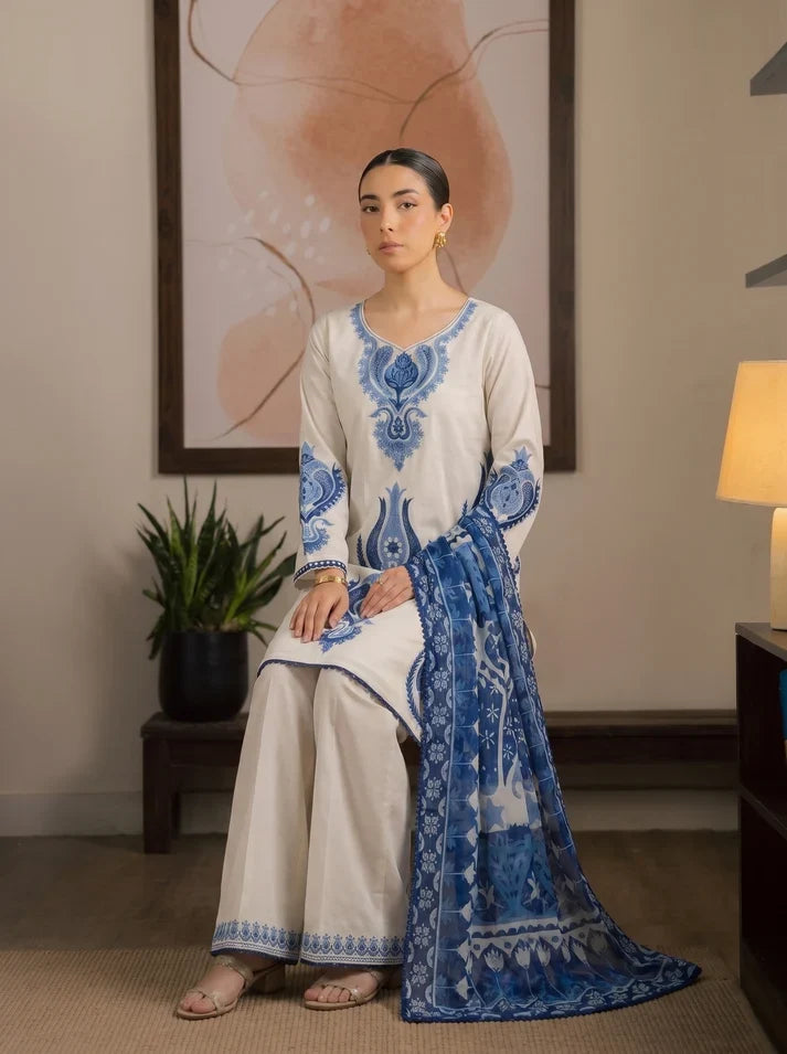 Dhanak Fabric - 3 Piece Unstitched Embroidered Dress With Embroidered Shawl