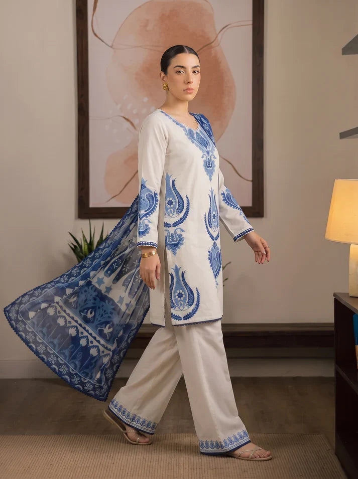 Dhanak Fabric - 3 Piece Unstitched Embroidered Dress With Embroidered Shawl