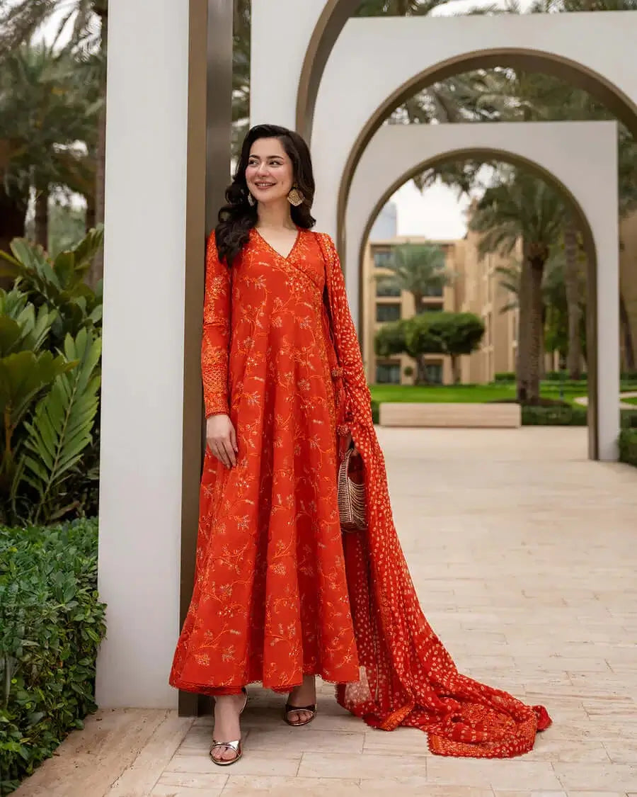 3 Piece - Unstitched Fully Embroidered Lawn Fabric With Printed Chiffon Dupatta 4 Sided Embroidered Lace