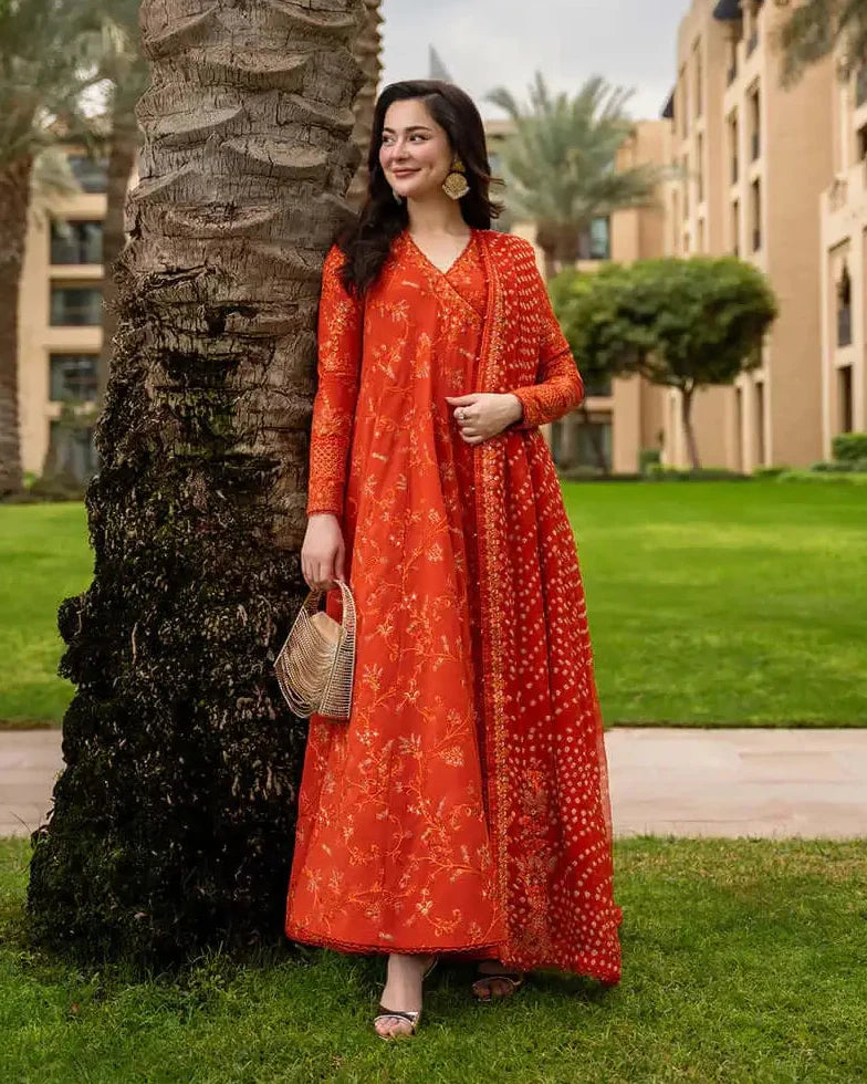 3 Piece - Unstitched Fully Embroidered Lawn Fabric With Printed Chiffon Dupatta 4 Sided Embroidered Lace