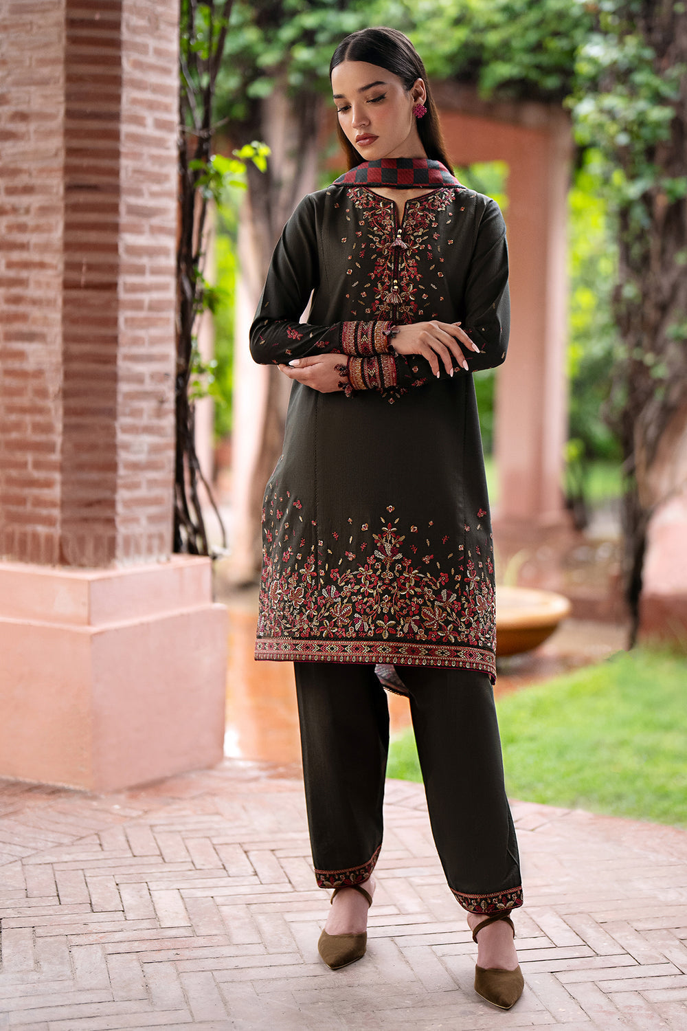 JZ 3035-3 Piece Unstitched Embroidered Dhanak Fabric With Digital Printed Shawl