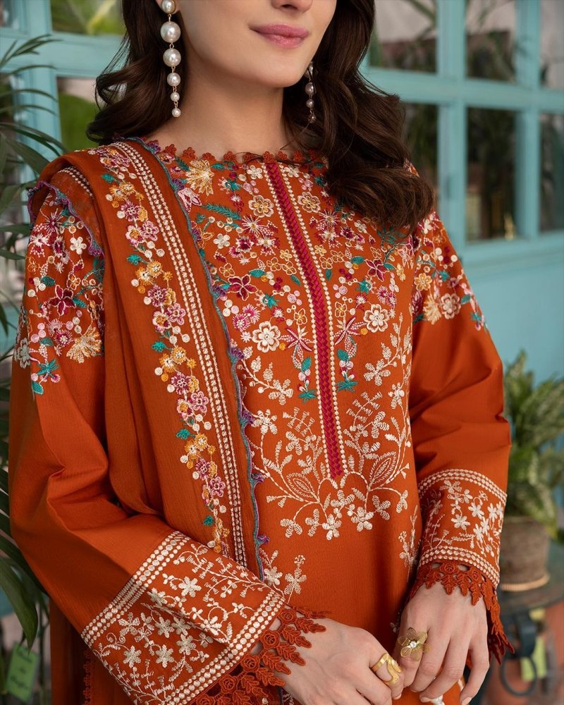 Dhanak Fabric - 3 Piece Unstitched Fully Embroidered  Dress With Embroidered Shawl BT 3125