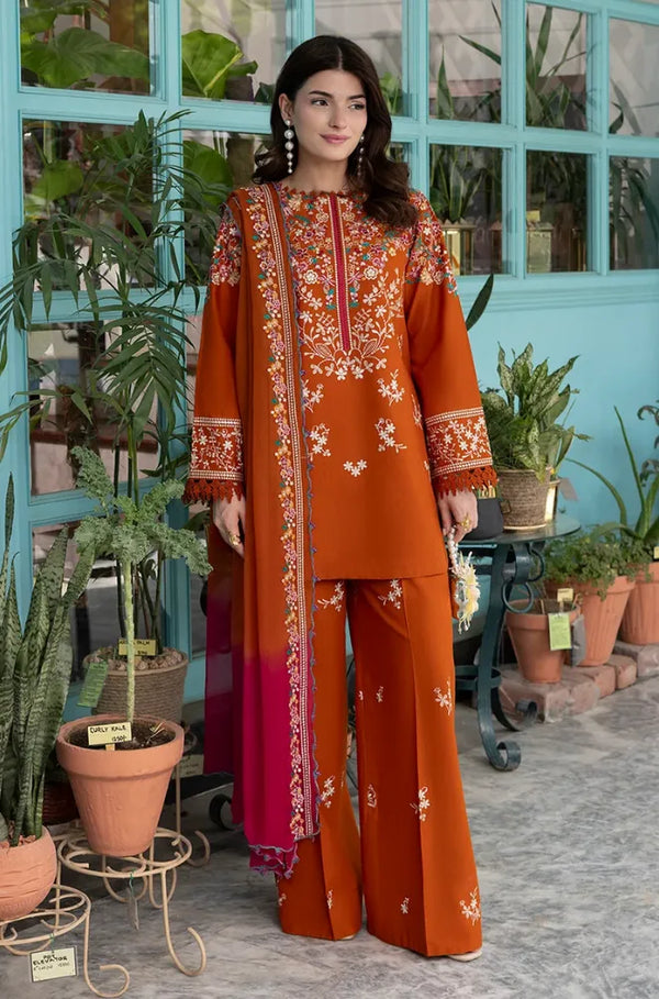Dhanak Fabric - 3 Piece Unstitched Fully Embroidered  Dress With Embroidered Shawl BT 3125