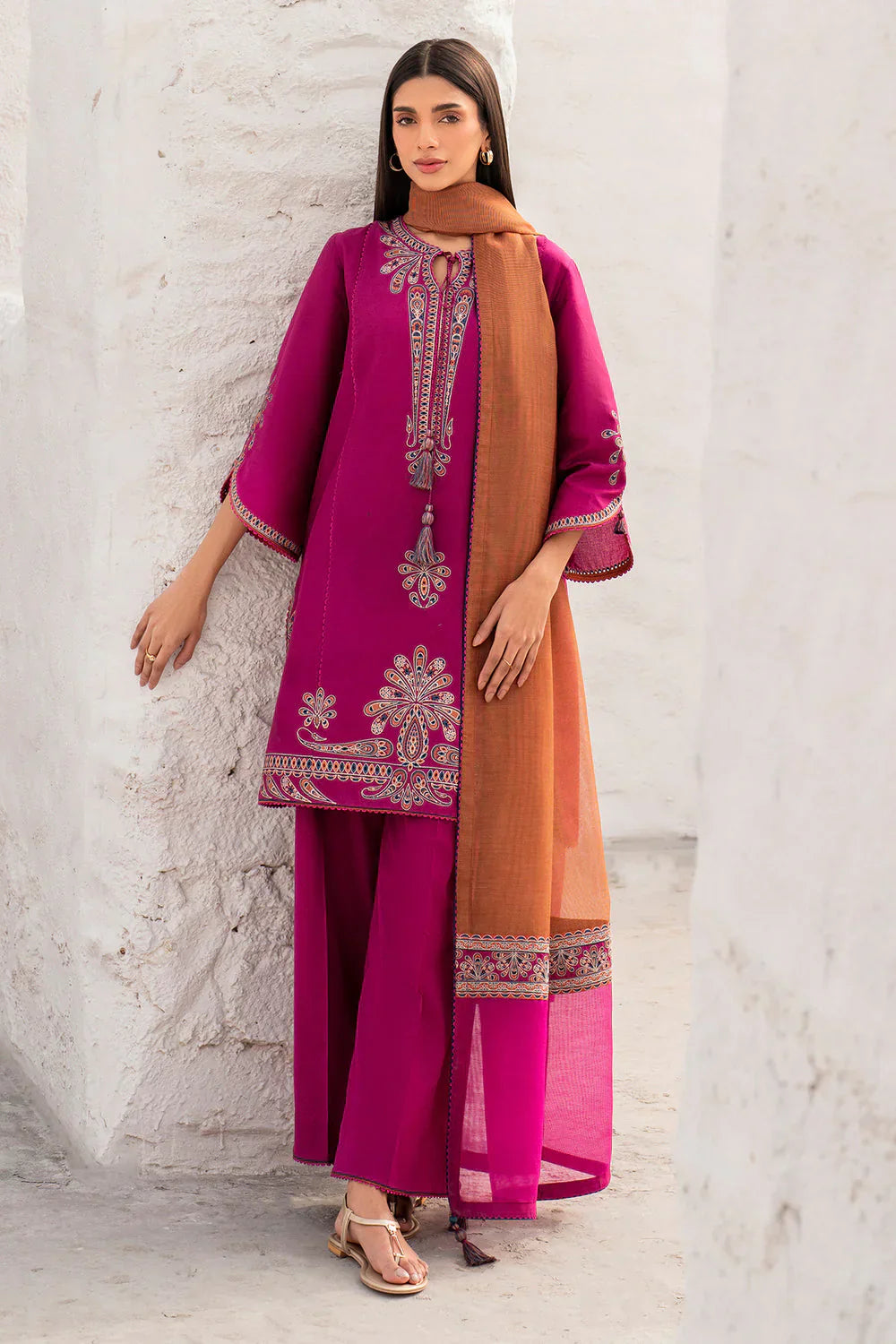 JZ-2830-3 Piece - Unstitched Embroidered Lawn Fabric With Embroidered Chiffon Dupatta