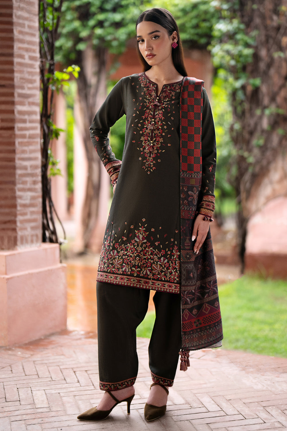 JZ 3035-3 Piece Unstitched Embroidered Dhanak Fabric With Digital Printed Shawl