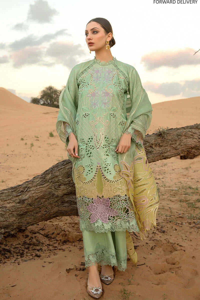 RR 816-3 Piece Unstitched Heavy Embroidered Chickan Kari Lawn Suit ( Embroidered Chickan Kari Organza Dupatta )