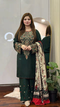 Dhanak Fabric - 3 Piece Unstitched Fully Embroidered  Dress With Printed Shawl BQ 3075