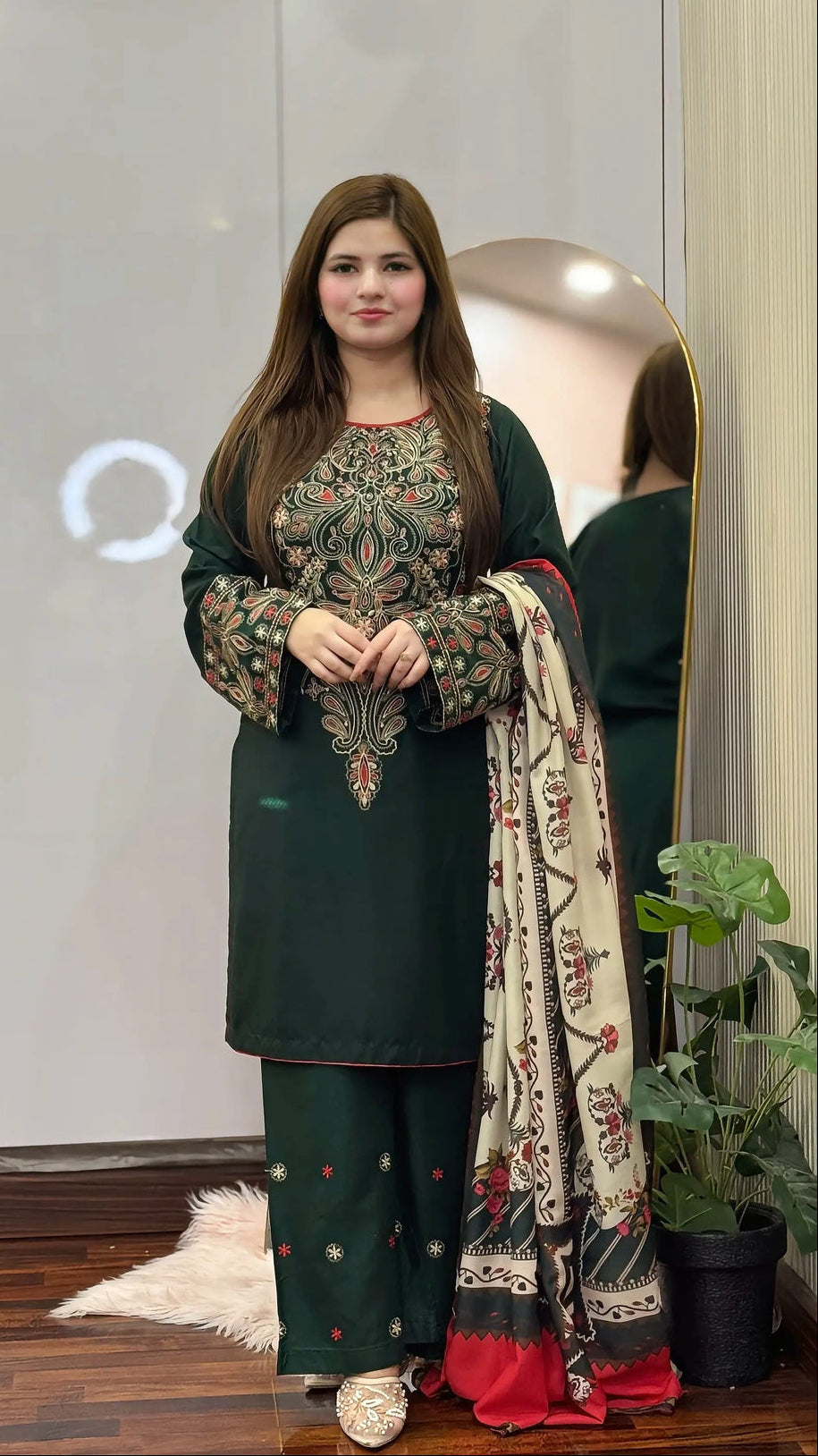 Dhanak Fabric - 3 Piece Unstitched Fully Embroidered  Dress With Printed Shawl BQ 3075
