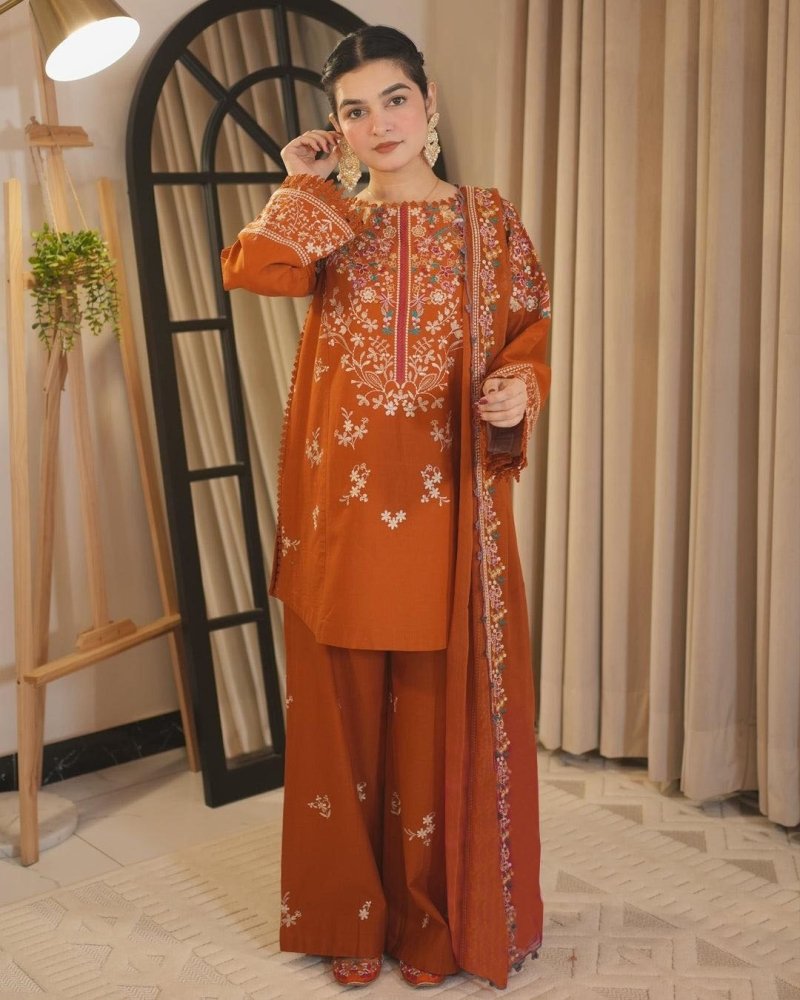 Dhanak Fabric - 3 Piece Unstitched Fully Embroidered  Dress With Embroidered Shawl BT 3125