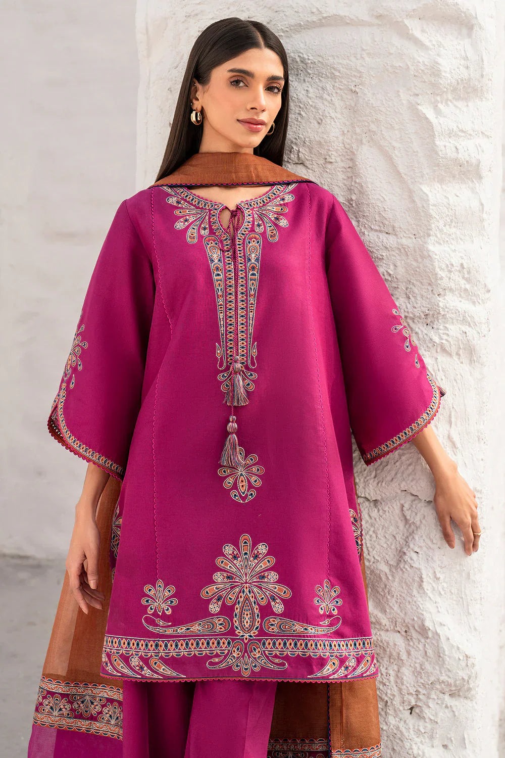 JZ-2830-3 Piece - Unstitched Embroidered Lawn Fabric With Embroidered Chiffon Dupatta