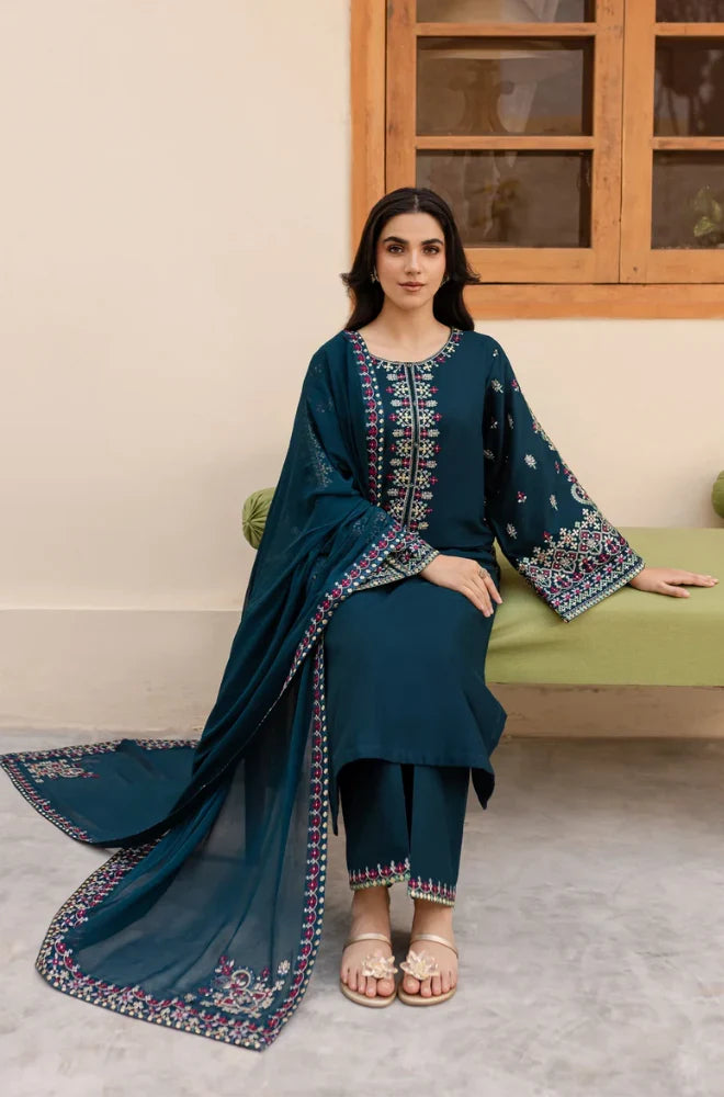 LM-585  3 Piece - Unstitched Fully Embroidered Dhanak Fabric