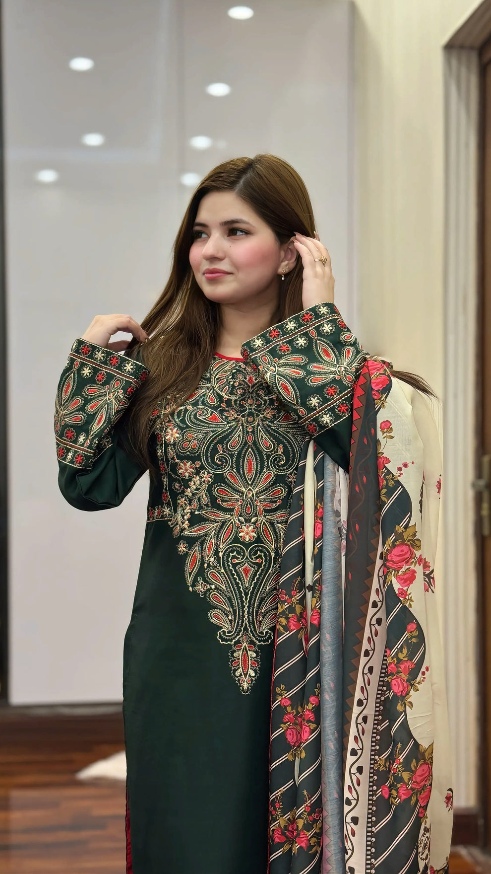Dhanak Fabric - 3 Piece Unstitched Fully Embroidered  Dress With Printed Shawl BQ 3075