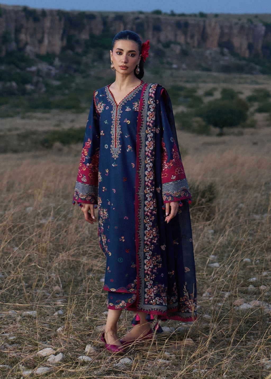 HR 3005-3 Piece Unstitched Heavy Embroidered Dhanak Suit With Embroidered Chiffon Dupatta