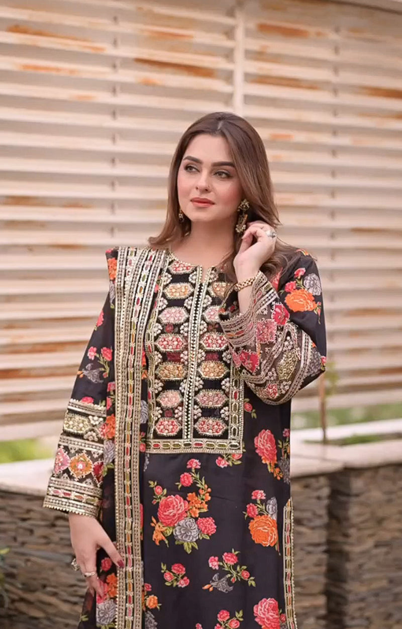 Aneelas Luxury Silk Unstitched 3 Piece Suit - Black