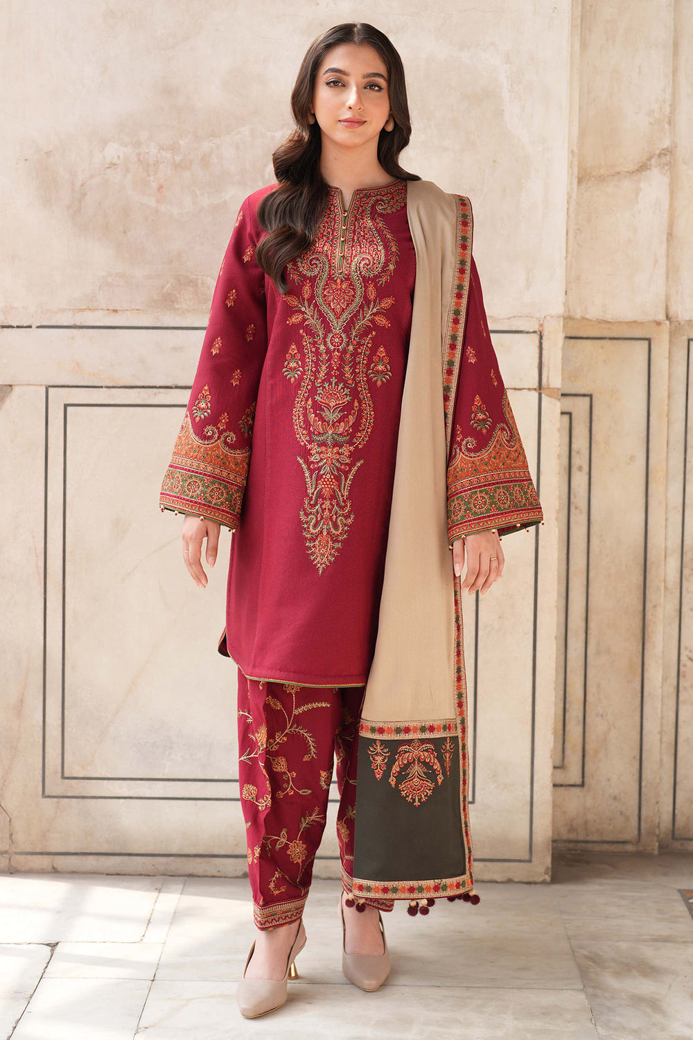 Dhanak Fabric - 3 Piece Unstitched Fully Embroidered  Dress With Embroidered Shawl JZ 3100