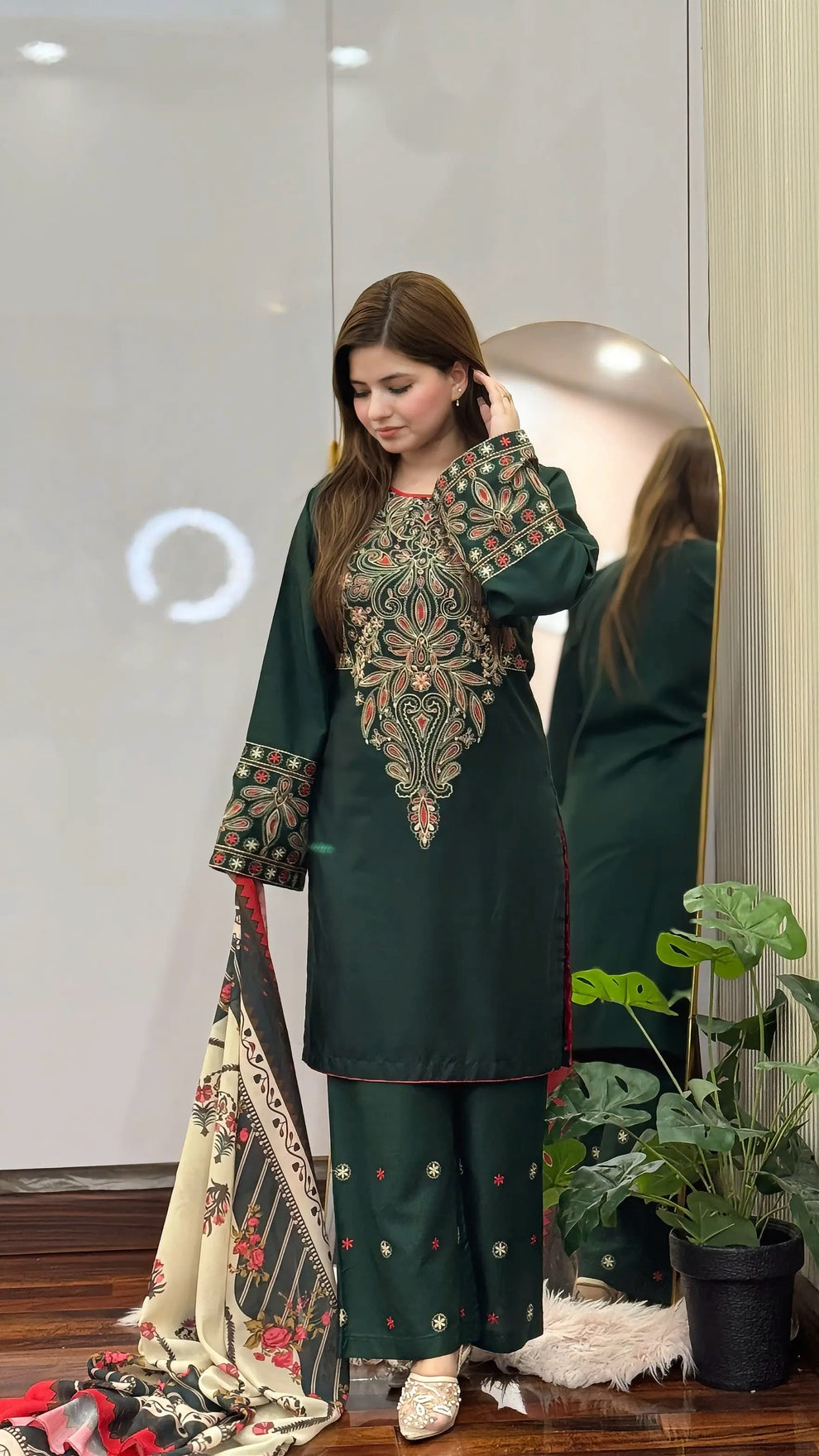 Dhanak Fabric - 3 Piece Unstitched Fully Embroidered  Dress With Printed Shawl BQ 3075