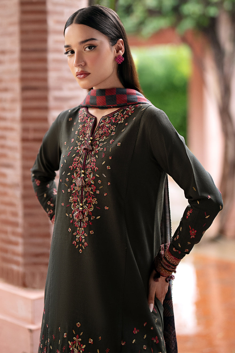 JZ 3035-3 Piece Unstitched Embroidered Dhanak Fabric With Digital Printed Shawl