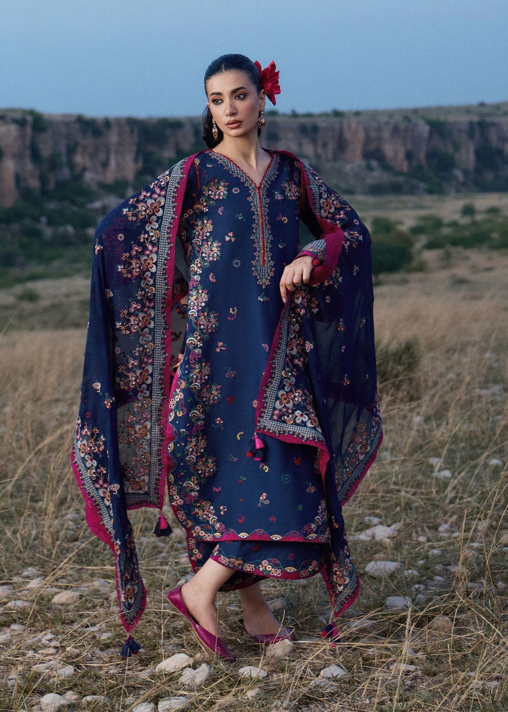 HR 3005-3 Piece Unstitched Heavy Embroidered Dhanak Suit With Embroidered Chiffon Dupatta