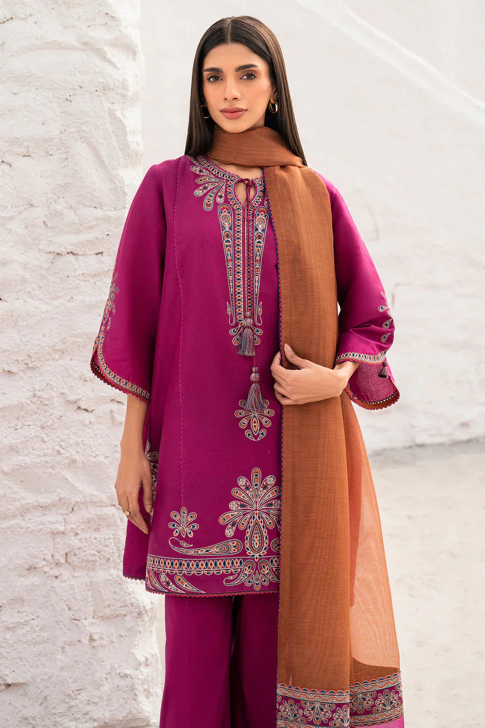 JZ-2830-3 Piece - Unstitched Embroidered Lawn Fabric With Embroidered Chiffon Dupatta