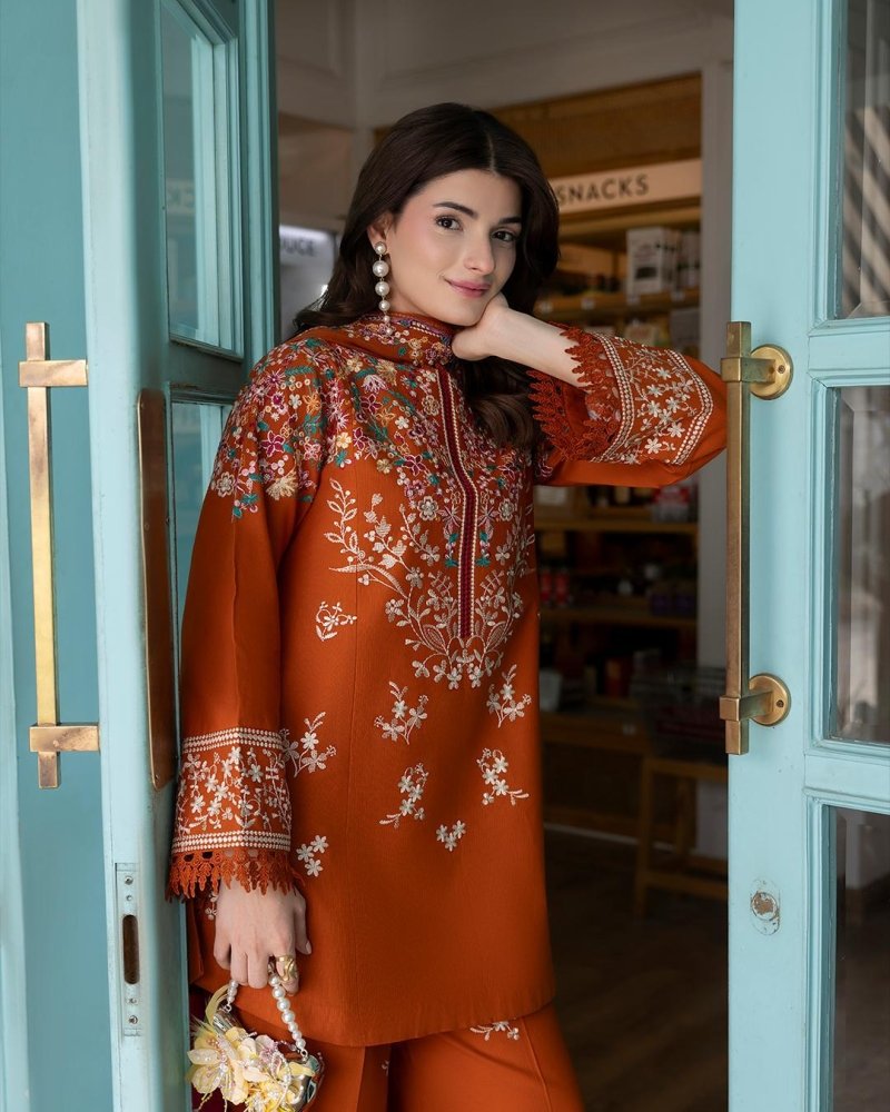 Dhanak Fabric - 3 Piece Unstitched Fully Embroidered  Dress With Embroidered Shawl BT 3125