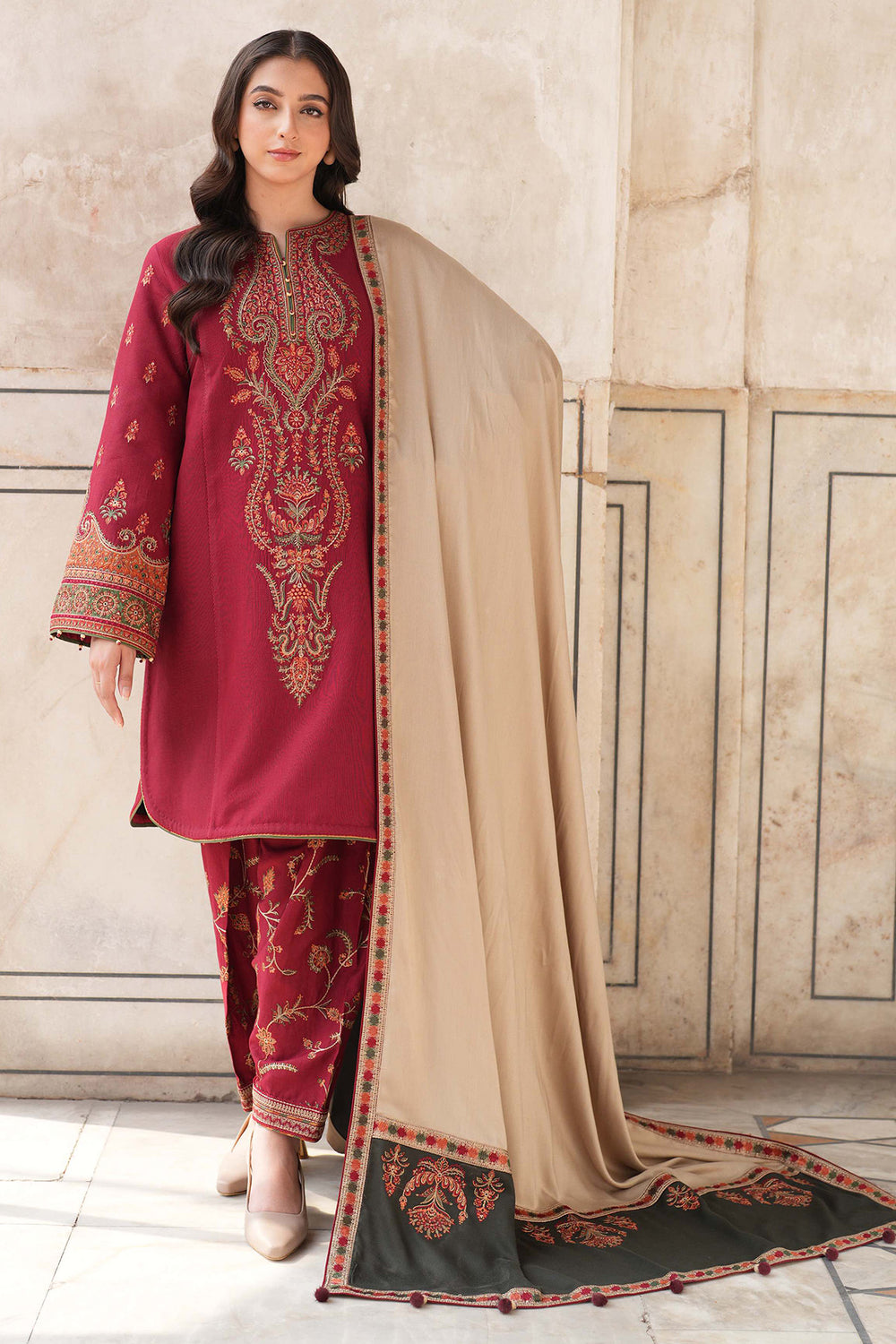 Dhanak Fabric - 3 Piece Unstitched Fully Embroidered  Dress With Embroidered Shawl JZ 3100