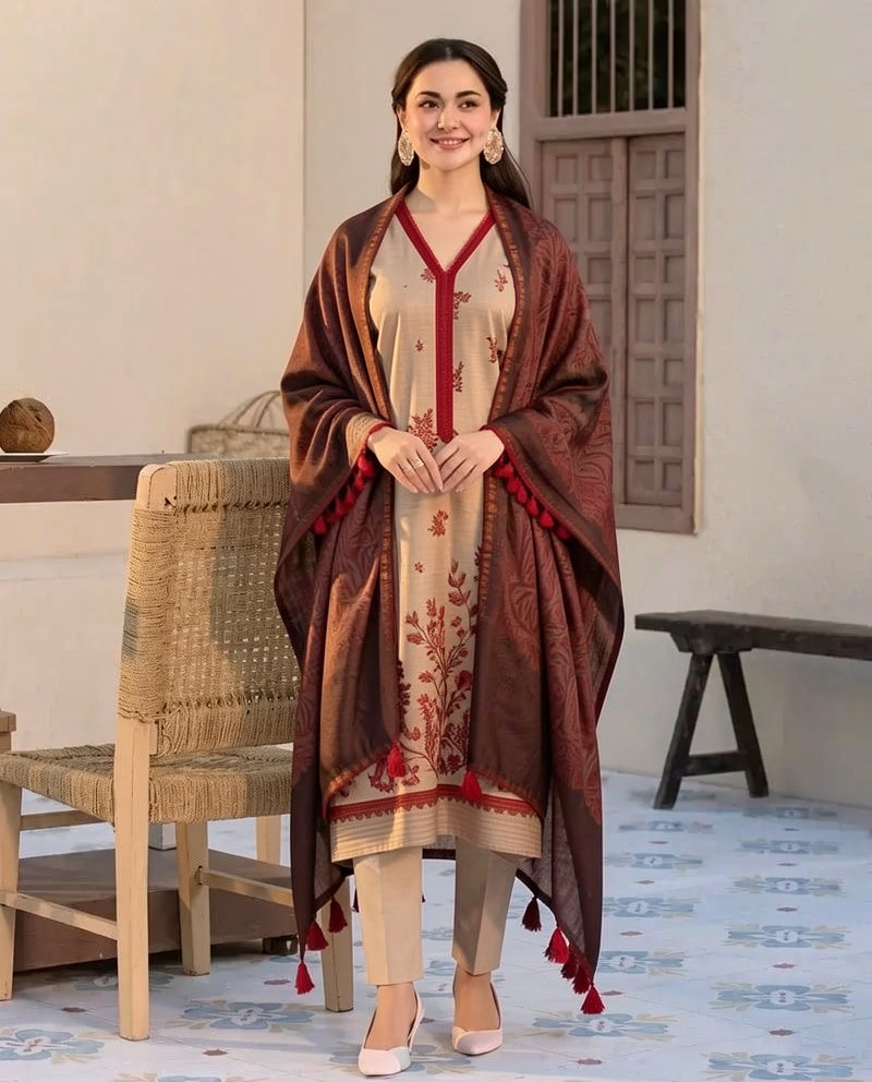 SN 620-3 Piece Unstitched Heavy Embroidered Dhanak Wool Suit ( Printed Woolen Shawl )